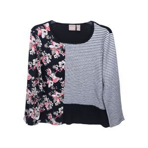Chicos Blouse Womens Medium Size 1 Long Sleeve Striped Floral Stretch Top Knit